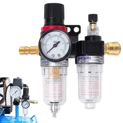 Imagen de yotutun Reductor de Presión Aire, Filtro Agua para Aire Comprimido con Manómetro Aceite Separador Filtro, 1/4&quot; Regulador Compresor y Herramientas