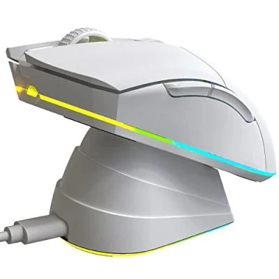 Imagen de KLIM Blaze Pro Ratón inalámbrico Gaming Recargable RGB con estación de Carga Nuevo 2024 Sensor Alta precisión batería 6000 dpi Modo y Cable Blanco