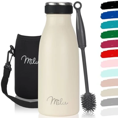 Imagen de Milu botella de acero inoxidable 350 500 750 1000ml 1,5L térmica aislada, a prueba fugas, apta para ácido carbónico (Crema mantequilla, 350ml)