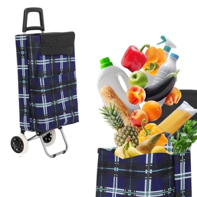 Imagen de Carro de la compra plegable 43,5 litros, resistente al agua, carrito plegable, bolsa con 2 ruedas, cesta ruedas (azul y blanco a cuadros)