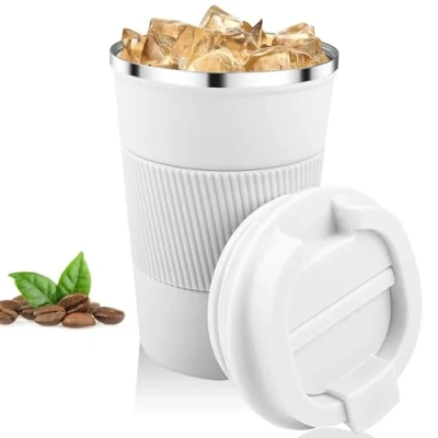 Imagen de Relota Taza de Café 380mL Blanca, Termo Cafe para Llevar 304 Acero Inoxidable Reutilizables Vaso Termico Antigoteo Coche, Hermético Frío y Caliente, Leche Té