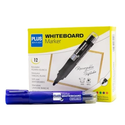 Imagen de Plus Office 12 Rotuladores de Pizarra Blanca con Tinta Liquida Recargable, Punta 2mm, Ideal para Escribir en Cristal, y Otras Superficies Lisas, Borrable (Azul, Rotulador)