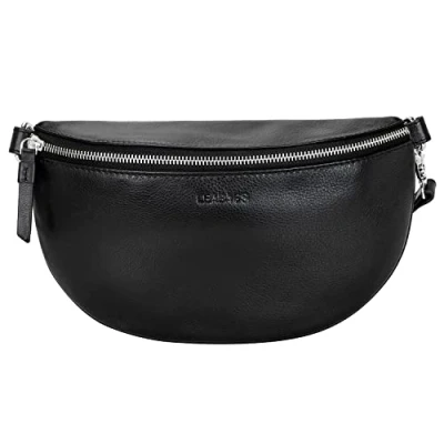 Imagen de LEABAGS Bogotá Riñonera grande de cuero genuino con cremallera Bolso bandolera para mujer 27x7x16cm Negro
