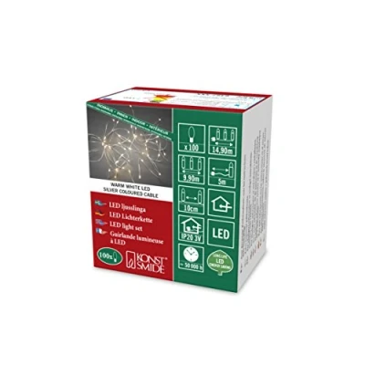 Imagen de Konstsmide luces de Navidad en interiores LED desnudo alambre/Pin alambre cadena luz/uso interior (IP20)/100 diodos blancos cálidos/transformador 3V/cadena plateado
