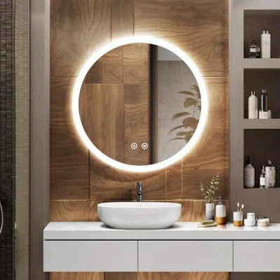 Imagen de EMKE Espejo de Baño con Iluminación, Diámetro 70cm, Redondo Interruptor Táctil, Antivaho, Función Memoria, Luz Cálida/Blanca Fría/Neutra