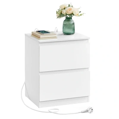 Imagen de VASAGLE Mesita de Noche con Regleta Enchufes, Mesa Auxiliar, 2 Cajones, Tomas AC, 1 Puerto USB A, C, Sala Estar, Dormitorio, Moderno, Blanco Nube LET621W02