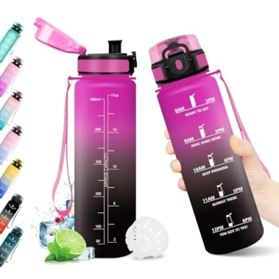 Imagen de KollyKolla Botella Agua Deportiva 500ml, Garrafa sin BPA, con Marca de Tiempo Filtro, Motivacional, Reutilizable, Cantimplora para Escuela, Oficina, Sport, Yoga, Gimnasio