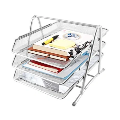 Imagen de Bandeja para Documentos De 3 Niveles Escritorio Organizador Metal Cartas Malla Metálica Extraible Papel Oficina 27.5 x 29.7 35cm, Plata