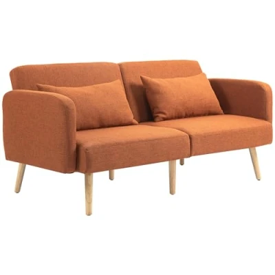 Imagen de HOMCOM sofá Convertible de 3 plazas, cama 2 respaldo reclinable y reposabrazos ajustables, clic clac tela efecto lino, patas madera maciza, cojines lavables, marrón