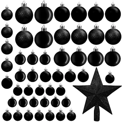Imagen de Belle Vous Bolas de Navidad Negras (Pack 50) Tamaños Variados Navideñas con Brillo y Estrella para la Punta Adornos Decor Fiestas Interior Exterior