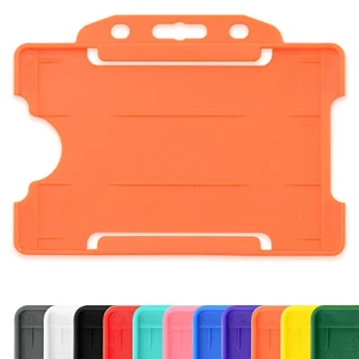 Imagen de Protector de plástico para tarjetas identificación una sola cara rígido deslizante en abierto horizontal, con capacidad 86x54 mm, tamaño tarjeta crédito Cr80, color naranja