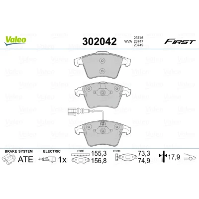 Imagen de VALEO 302042 Juego de pastillas freno FIRST Eje delantero con contacto avisador desgaste Chapa antichirridos VOLKSWAGEN: Multivan 5 (7HM