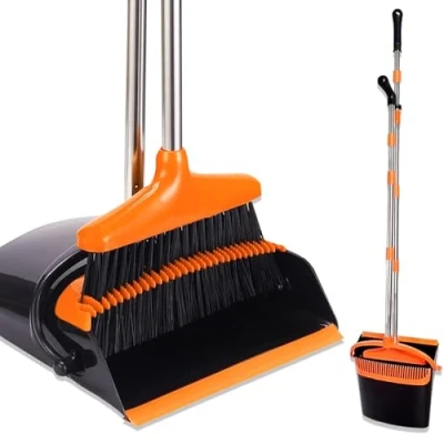 Imagen de JUPPLIES Escoba y Recogedor Plegable de Mango Largo, Juego Alta Recogedora Barredora Vertical Interior para Barrido Casa (Naranja)