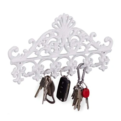 Imagen de relaxdays Perchero Pared, Colgador Llaves, 5 Ganchos, Barroco, Rústico Vintage, Hierro Fundido, 17 x 35 3,5 cm, Blanco