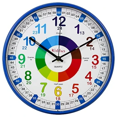 Imagen de Kiddus Reloj de Pared Pedagógico Infantil. Analógico y Silencioso. Aprende la Hora con Nuestro Fácil Sistema Time Teacher. 30cm diámetro. Manecillas en Inglés. Color Azul