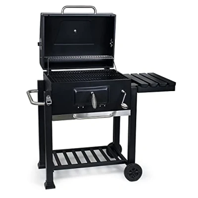 Imagen de Wiltec Barbacoa carbon vegetal móvil con tapa, estante, trampilla, altura de brasas regulable, termómetro, grill asador parrilla BBQ