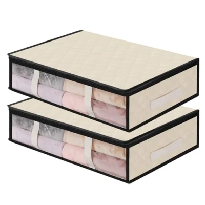 Imagen de AiQInu Cajas Almacenaje Ropa, 2 Set Plegables Bajo Cama Bolsas para Guardar Ropa con Cremallera Ventana Transparente, Organizador Armario Mantas Edredones 60 x 45 15cm