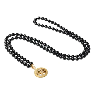 Imagen de COAI Collar Mala 108 Cuentas de Obsidiana Arco Iris Anudadas a Mano con Colgante Árbol la Vida Acero Inoxidable
