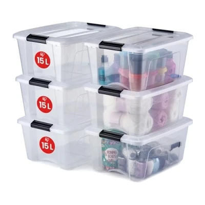 Imagen de Iris Ohyama 6 Cajas de almacenamiento con tapas, 15L, Transparente, Clips Cierre, Duradero, Apilable, para Dormitorio, Armario, Oficina, Organizadora, Ropa, Libre BPA, NTB 15
