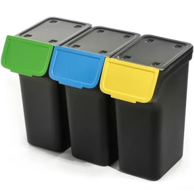 Imagen de KADAX cubo de basura con tapa, plástico, para la separación residuos, rectangular tapa abatible (negro, 3 x 25 L)