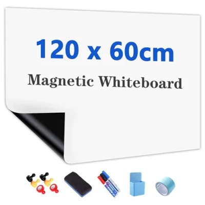Imagen de JOMUSAGA Rollo de Pizarra Blanca Magnética, 120 x 60 cm, Papel Adhesiva para Pared, Whiteboard adecuado Escuela, Familia y Oficina, con Rotuladores, Borrador e Imanes