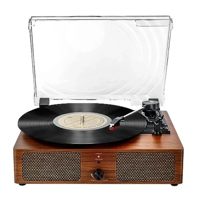 Imagen de Tocadiscos de Vinilo Bluetooth con Altavoces Integrados, Compatible Auriculares USB RCA AUX IN y gramófono portátil 3 velocidades accionado por Correa para Entretenimiento decoración