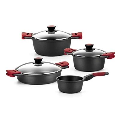 Imagen de BRA Premiere Batería De Cocina 4 Piezas Aluminio Fundido con Antiadherente, fudido, Negro,Rojo