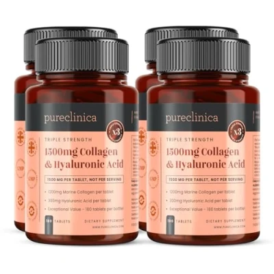Imagen de 1500 mg x 720 comprimidos. 1200 de colágeno UltraColl y 300 ácido hialurónico por tableta. (4 frascos 180 comprimidos cada uno suministro para 12 meses)