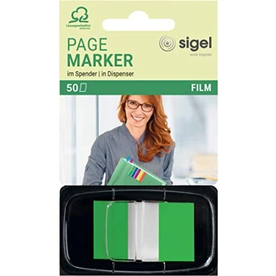 Imagen de SIGEL HN493 Marcapáginas adhesivos, cinta de filme transparente en repartidor Z, funda 50 tiras 43 x 25 mm, Color Tip verde