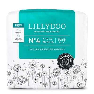 Imagen de Pañales LILLYDOO delicados con la piel talla 4 (9 14 kg), 25 unidades, protección contra fugas, suaves, sin perfumes, lociones ni colorantes y dermatológicamente probados