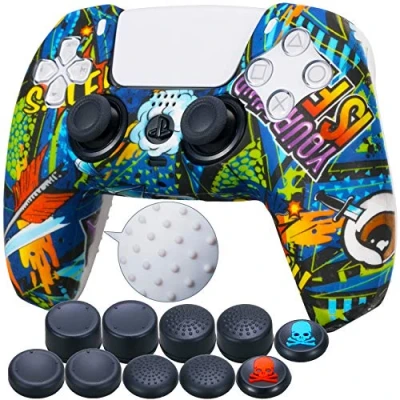 Imagen de 9CDeer 1 x Silicona Transferir Impresión Protector Grueso Cubrir Piel + 10 Apretones de Pulgar para Playstation 5 / PS5 Mando Grafito Azul