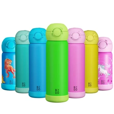 Imagen de B2DO Botella de agua acero inoxidable 316 con doble aislamiento 500 ml Green Termo para niños anti fugas el colegio pajita sin BPA