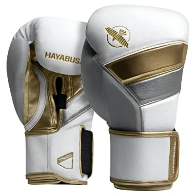 Imagen de Hayabusa T3 Guantes de Boxeo para Hombres y Mujeres, protección muñecas Nudillos, Cierre Gancho Bucle Dual X, Soporte muñeca férula, Acolchado Espuma 5 Capas Blanco/Dorado, 16 oz