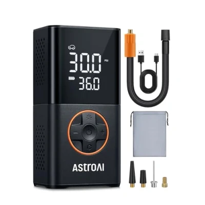 Imagen de AstroAI L7 Compresor Aire Portátil, Inflador Ruedas Coche, Hinchador Coche con Batería Recargable de 4000 mAh y Luz LED para Bicicletas, Moto, Pelotas Etc