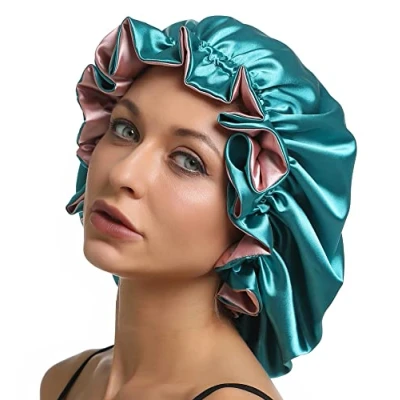 Imagen de SENGTERM gorro de dormir seda para mujer, ajustable, doble capa, el cuidado del cabello, noche, cabello rizado, largo (XL, verde y rosa)