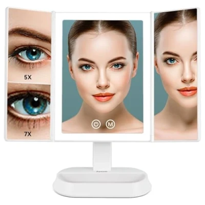 Imagen de Auxmir Espejo Maquillaje con Luz, 60 Leds, 1X/5X/7X Aumento Tríptico de Mesa, Control Táctil, 3 Colores Brillo Ajustable, Textura Cuero, Regalo Mujer Blanco