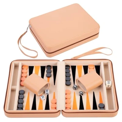Imagen de Engelhart 250501 Bolsa de Viaje Beige Naranja y Negro con el Juego Backgammon 9 Pulgadas.