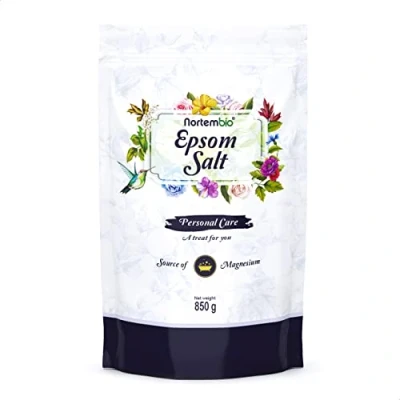 Imagen de Nortembio Sal de Epsom 850 g. Fuente Concentrada Magnesio Natural. Baño 100% Pura, sin Aditivos. Relajación Muscular y Buen Sueño. E Book Incluido.