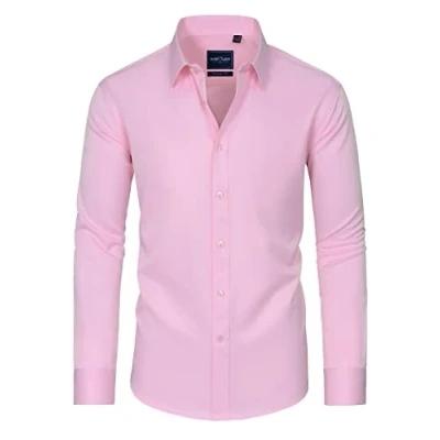 Imagen de DEMEANOR camisa de manga larga para hombre, negocios corte ajustado, sin planchado, informal Rosa., L