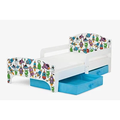 Imagen de leomark Smart Cama Infantil de Madera Cosmos Marco Cama, Colchón y Cajón, robustro Cómodo Dormitorio Impresa, Muebles para Niños, Espacio Dormir: 140/70