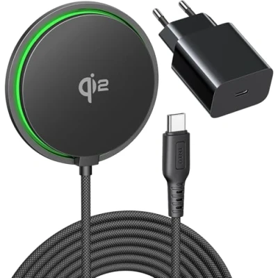 Imagen de INIU Cargador Inalambrico, 15W Wireless Base de Carga Rápida Certificado Qi2 Compatible con Magsafe, Carregador Sem Fios para iPhone 16 Pro 15 14 13 12 Plus, Cable USB C y Adaptador Incluidos.