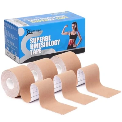 Imagen de SUPERBE Cinta Kinesiología (paquete de 3), Kinesiotape Elástica Vendaje Neuromuscular Para Deportes Atléticos, Alivio del Dolor, Recuperación y Fisioterapia, 5 cm x m (Beige)