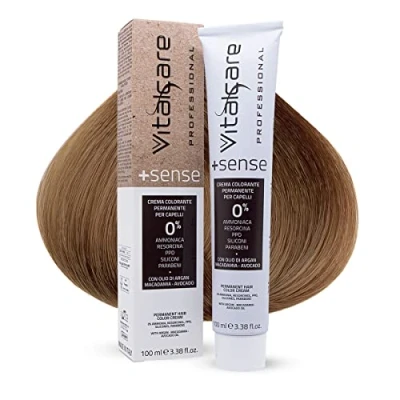 Imagen de Vitalcare +Sense Coloración permanente profesional, crema colorante capilar, sin amoniaco, resorcina, PPD, silicona con aceite de argán, macadamia y aguacate, 8/00 rubio claro, 100 ml