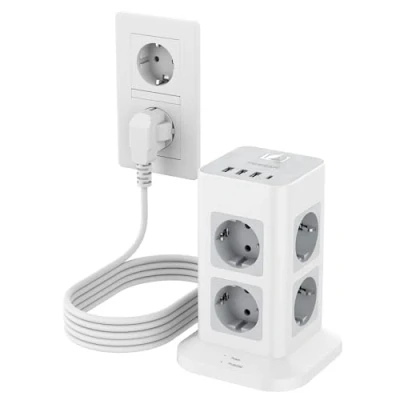 Imagen de TESSAN Regletas Enchufes 8 Tomas con USB C, Alargador Enchufe 5 Metros, Regleta Proteccion Sobretension 3 A y Torre Vertical Interruptor, Ladron 3600W