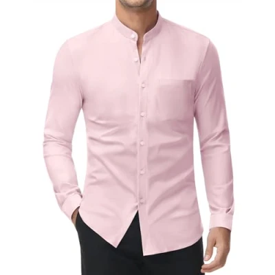Imagen de DEMEANOR camisa elástica sin cuello para hombre, manga larga, de negocios, ajustada, planchado, alto, Rosa., S