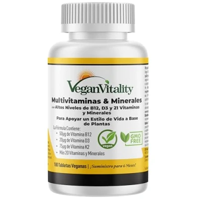 Imagen de Multivitaminas y minerales veganos con vitamina B12, D3 K2 de alta resistencia. 180 tabletas multivitamínicas 6 meses suministro. Diseñado para vegetarianos