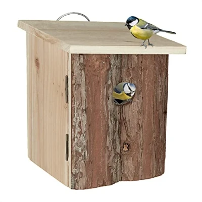 Imagen de Relaxdays Casa Pájaros Colgante, Caja Nido, Madera no Tratada, Corteza, Entrada 28 mm, 20x16,5x16,5 cm, Marrón Natural