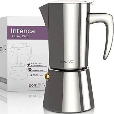 Imagen de bonVIVO Cafetera Italiana Moka Grande Profesional en Acero Inoxidable para Cafe Espresso Cocina a Induccion, Electrica, Gas y Vitroceramica