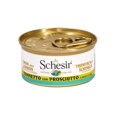 Imagen de Schesir Cat in Broth Tuna with Ham, Wet Food Own Cooking 24 Tins x 70g