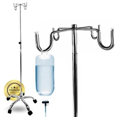 Imagen de OrtoPrime porta Suero Hospitalario y Hogar 4 GANCHOS soporte Portasueros Portátil ACERO INOXIDABLE Bolsa de Goteo 5 RUEDAS Pie Gotero REGULABLE sueros TRIPODE